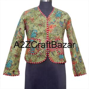 Chaqueta Étnica India Hecha a Mano 100% Algodón Puro, Acolchada, Reversible, con Parches, Corta, Transpirable, Ecológica, para Mujer, Otoño Invierno - Product Image 1