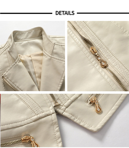 White PU <b>Leather</b> Women's Reversible Biker <b>Jacket</b> Polyester Wadding Solid Zipper Front Waterproof Windproof for Autumn/<b>Winter</b> - Product Image 3