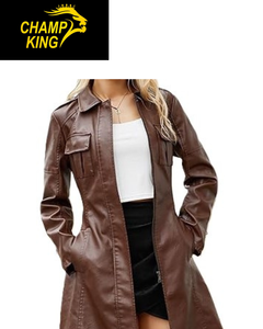 Manteaux longs en cuir pour femmes de haute qualité, hiver, cuir luxueux, boutons, fermeture éclair - Product Image 4