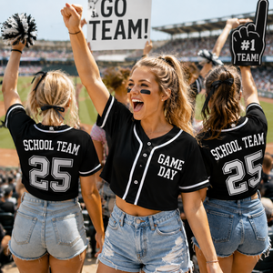 SCHOOL TEAM Women Baseball Jersey Cropped Fit Short Sleeve Black White Blank basedall Jersey Print Game Day Uniform Summer - Product Image 1