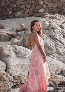 Robe maxi bohème rose / Dos ouvert / Été 100% coton Col en V Sans manches Respirante - Product Image 4