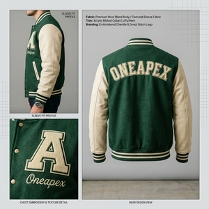 Blouson universitaire vert crème en laine avec manches en cuir, col et poignets en tricot côtelé, fermeture à boutons-pression, logo personnalisé, streetwear, vêtement d'extérieur, manteau pour homme - Product Image 5