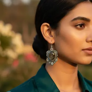 Pendentif/boucles d'oreilles en argent 925 pour femmes avec pierre ovale (quartz/perle/diamant) - Bijoux de mariage/fête - Product Image 1