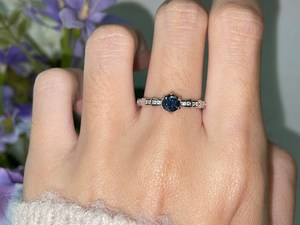 Dainty <b>Black</b> Blue Moissanite Ring Dark Blue Minimalist Sterling Silver <b>Ribbon</b> Band Engagement Ring - Product Image 3