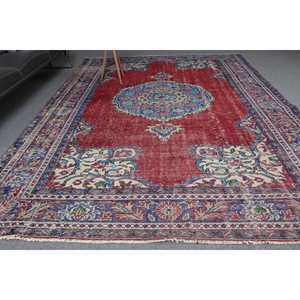 พรมวินเทจสไตล์ตุรกี ขนาดใหญ่พิเศษ 7.2x10.6 ฟุต พรมลายต้นไม้และพืชสีแดงน้ำเงิน ทำจากขนสัตว์ - Product Image 2