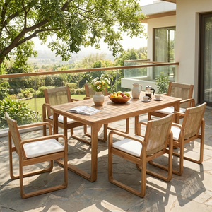 Conjunto de Mesa de Comedor para Exteriores, Madera de Teca Sólida, Muebles Minimalistas para Patio, Sillas Tejidas con Asientos Acolchados para Jardín, Patio, Hotel - Product Image 6