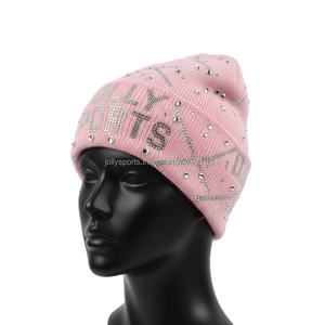 Gorro de Punto Acrílico para Mujer, Color Rosa Suave, con Pedrería y Logotipo Personalizado, Gorro de Moda con Diseño Jacquard - Product Image 4