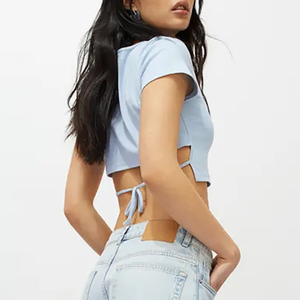 Nouveauté été 2025, haut court à manches courtes en jersey léger, respirant, col rond, uni, pour femmes, en spandex/polyester, chemisiers sexy - Product Image 2