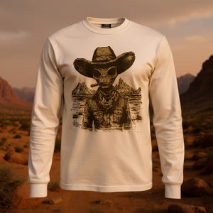 T-Shirt Vintage a Maniche Lunghe con Design Western Cowboy e Alieno, Stile Retrò Promozionale - Product Image 3