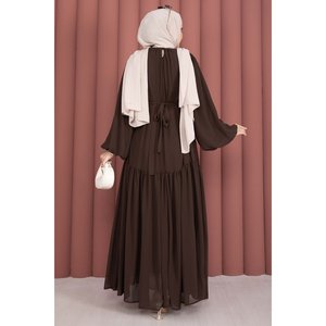 Vestido de Gasa Marrón con Corte en A, Cinturón con Detalle Fruncido, Cintura Imperio, Estilo Modesto, Tela Transpirable - Product Image 5