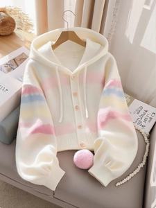 Best Selling 2025 New <b>Women's</b> High-End Hooded Knitted <b>Cardigan</b> Top <b>White</b> Block Lazy Style with Anti-Pilling Feature for Winter - Product Image 4