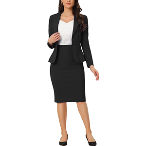 ชุดสูทลำลองสำหรับผู้หญิงแบบ 2 ชิ้น เสื้อเบลเซอร์ปกบากและกระโปรงทรงดินสอเข้ารูป แขนยาว สีพื้น - Product Image 3
