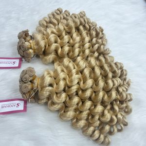 Alta calidad doble dibujado Remy cuerpo mano atada trama brasileña rubia extensión de cabello humano estilo de onda Natural - Product Image 1