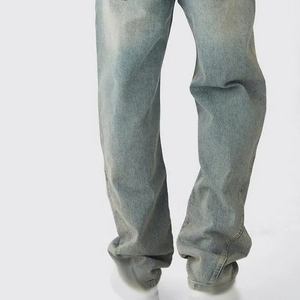 Straight-Leg Men's Stonewashed <b>Denim</b> Jeans Lightweight Cotton Casual Fit Mid Waist Breathable Eco-Friendly Frayed Cuff Spring - Product Image 1