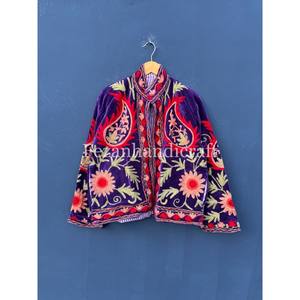 Veste en velours bleu royal Broderie ouzbek Veste d'hiver unisexe Vêtement de fête Veste pour femmes Deux poches latérales Manteau de style hippie - Product Image 5