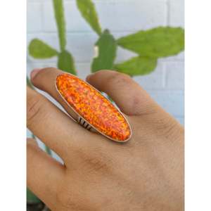 Patrick Yazzie <b>Statement</b> <b>Ring</b> Orange Opal Sterling <b>Silver</b> Size 6 Bezel Setting Inlay Rhodium Plated Everyday Wear Platinum Main - Product Image 2