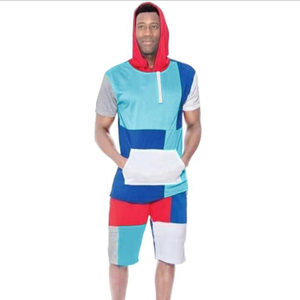 Mens Vintage Color Block Short Sleeve <b>Hoodie</b> and Shorts Set Casual Summer Streetwear <b>Lightweight</b> Breathable Two-Piece Outfit - Product Image 1