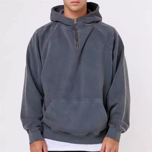 OEM personnalisé épaules tombantes manches raglan col cheminée pull gris délavé surdimensionné demi quart fermeture éclair sweat à capuche simple hommes sweats à capuche - Product Image 1