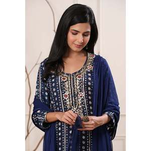 Dupatta de Chifón Azul Marino para Mujer - Chal Bordado con Flores para Fiestas y Uso Casual - Product Image 1