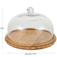 Cloche en verre avec base en bois de manguier finition naturelle pour la présentation et la conservation des gâteaux, muffins