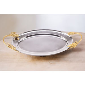 Greatest Quality Gold Plated Oval Serving Tray Leaf Handles Polished Solid for Tea Coffee Service Wedding Parties <b>Catering</b> Use - Product Image 5