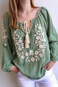 Blusa bordada mexicana de estilo bohemio para mujer, blusa de rayón de verano, transpirable, de secado rápido, 100%, algodón orgánico, patrón Floral - Product Image 2