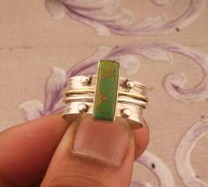 Bague en argent sterling 925 faite à la main vert cuivre Turquoise barre pierre Texture solide 925 argent sterling bande de fête de mariage - Product Image 1