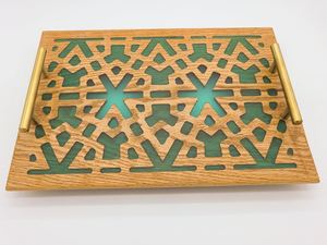 Bandeja de Servicio de Madera de Diseño Láser de Lujo con Asas de Metal Dorado e Incrustaciones Acrílicas, Bandeja Rectangular Decorativa para Decoración del Hogar - Product Image 3