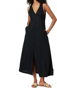 Robe longue noire sans manches à col en V pour femmes avec bouton sur le devant coupe trapèze ourlet évasé tenue d'été décontractée - Product Image 5