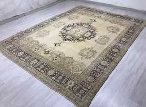 Oushak bleu marine grand tapis turc ottoman 9x12 motif abstrait beige à motifs surdimensionné 9x12 tapis turc - Product Image 2