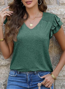 Blusas de punto casuales elegantes para mujer-blusas de camisetas acanaladas de color sólido con manga con volantes - Product Image 3