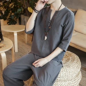 2024 été nouveau Style chinois hommes manches trois-quarts 100% coton costume Pan bouton pantacourt écologique grande taille - Product Image 3