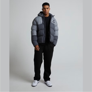 Men's High Quality Denim Puffer <b>Jacket</b> Vintage Style Hooded Collar Front Embroidered Logo Solid Pattern Winter Closure Zipper - Product Image 5