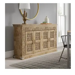 Exclusive Handmade Wooden Buffet Table | Antique Indian 4 Door Sideboard From Rajasthan, India