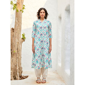 Floral Cotton <b>Kurta</b> <b>for</b> <b>Women</b>-Casual Elegant Midi Length with Puff Sleeves - Product Image 1