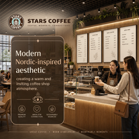 Présentation de la conception intérieure d'un café commercial avec étagère de présentation en grille de bois, ensemble de mobilier de café à sièges variés pour centre commercial