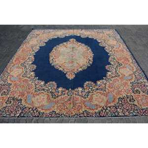 Alfombra Turca Extra Grande de 12.6x14.4 pies, Alfombra Vintage, Alfombra de Lana con Diseño Floral Azul y Rojo - Product Image 1