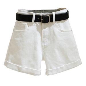 กางเกงขาสั้นผ้ายีนส์เอวสูงของผู้หญิงเอวสูงผ้ายืดหยุ่นสูงขนาดใหญ่พิเศษขอบหยักบางทรงหลวม - Product Image 5