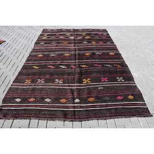 Turkish Vintage Rug, 6.7x10.4 ft Large Rug, <b>Brown</b> Red Bordered <b>Wool</b> Rug - Product Image 1