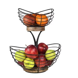 2-tầng cổ điển dây giỏ trái cây với cơ sở bằng Gỗ Nhà Bếp truy cập trái cây Bát đứng cho thực phẩm làm sạch nguồn cung cấp Giày gia vị Túi - Product Image 2