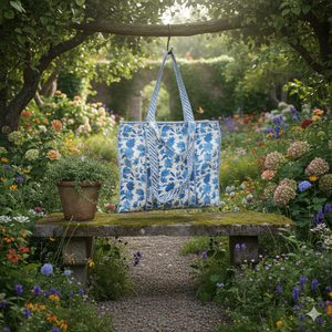 Bolso Tote de Algodón Acolchado Hecho a Mano, Estampado Floral Azul, Ecológico, Vintage, para Compras, Viajes, Ligero, para Mujer - Product Image 3