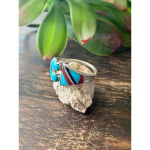 Zuni Handmade Turquoise Gemstone Multi-Stone Sterling <b>Silver</b> Inlay <b>Statement</b> Geometry Design IGI Certified Size Everyday Wear - Product Image 4