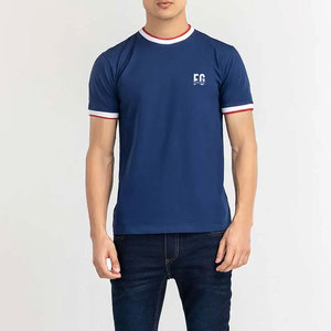 T-shirt à manches courtes bleu marine pour homme, avec bordure contrastée, logo sur le devant, décontracté, coupe ample, longueur normale, col rond, 100% coton, tissu peigné - Product Image 3