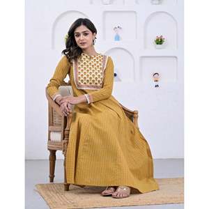 Vestido Anarkali Amarillo de Algodón con Estampado de Bloques, Estilo Pakistaní, Ropa Étnica India con Salwar Kameez - Product Image 6