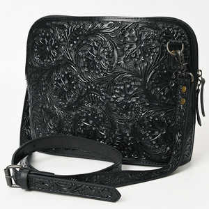 Bolso cruzado de piel auténtica hecho a mano para mujer, correa ajustable con relieve Floral occidental de cuero negro para mujer para otoño - Product Image 4