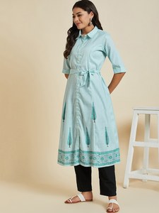 การสนทนาการพิมพ์เสื้อคอปกผ้าฝ้าย A-Line Kurta สําหรับผู้หญิงแฟชั่นอินเดียผ้าฝ้ายทําด้วยมือ Kurta ชุดยาวสุภาพสตรี - Product Image 3