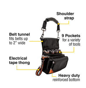 Pochette à outils pour électricien en tissu balistique haute résistance |   Holster de ceinture à 9 poches avec fond renforcé et sangle adhésive - Product Image 2