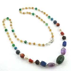 Collier bohème multicolore en pierres naturelles avec perles d'imitation et fermoir en argent sterling, bijoux de mode unisexe - Product Image 2