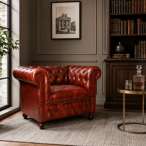 Sofá Chesterfield de Cuero Genuino |   Diseño Industrial Vintage |   Sofá Individual Hecho a Mano de Cuero de Búfalo con Patas de Madera para Hotel o Villa - Product Image 1