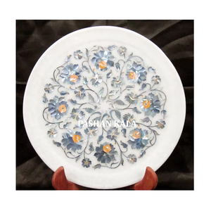 Assiettes rondes en marbre blanc et nacre, polies à la main, décoration intérieure, art indien de designer, incrustations, assiettes en pierre - Product Image 1